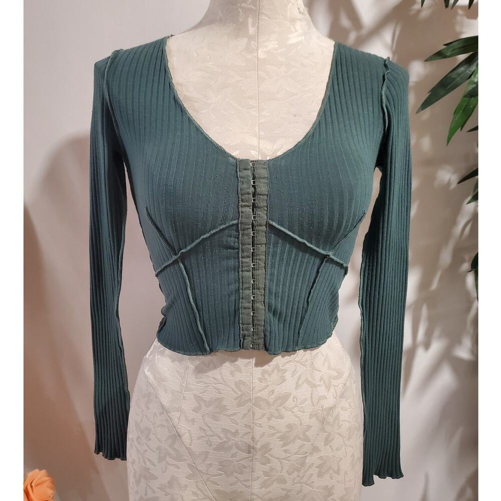 Vtg Y2K Windsor Ribbed Seamed Crop Hook & Eye Corset Style Scoop Neck Top XS